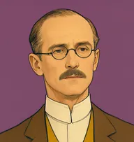 Illustrated portrait of Elmer H. Griggs: about 48, thinning sandy hair, balding on top and combed flat, a mustard-yellow waistcoat under a brown suit