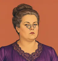 Illustrated portrait of Mrs. Lippett: about 52, greying brown, pinned in a tight bun, a plum-purple silk dress with a high lace neckline