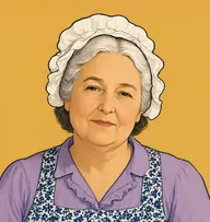 Illustrated portrait of Mrs. Semple: about 60, white, parted and pinned in a low bun, a navy-and-white print apron over a lavender blouse