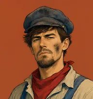 Illustrated portrait of Forster the engineer: about 40, dark brown, grimy, shaggy under cap, blue denim overalls, red bandana
