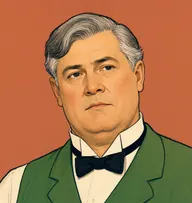 Illustrated portrait of John Sullivan: about 52, thick grey, side-parted, bottle-green waistcoat, stiff wing collar