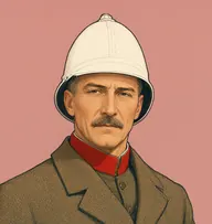 Illustrated portrait of Sir Francis Cromarty: about 50, fair going sandy-grey, short, scarlet-trimmed tunic collar under tweed travelling coat