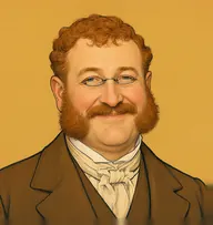 Illustrated portrait of Thomas Flanagan: about 48, ginger, thinning, curly fringe, tobacco-brown coat, cream cravat
