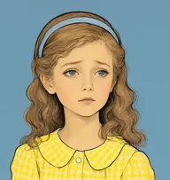 Illustrated portrait of Annetta Bell: about 9, fine silky fawn-coloured, rippling over the shoulders, lemon-yellow gingham frock