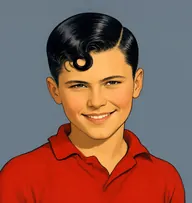 Illustrated portrait of Anthony Pye: about 11, black, with a slicked spit-curl on the forehead, bright red jersey with a rumpled collar