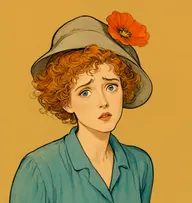 Illustrated portrait of Barbara Shaw: about 17, wild ginger curls, escaping its pins, faded teal blouse with a mismatched plum skirt