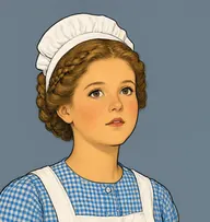 Illustrated portrait of Charlotta: about 15, sandy-brown, in tight braids coiled over the ears, blue gingham dress with a starched white apron strap