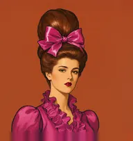 Illustrated portrait of Gertie Pye: about 16, glossy chestnut-brown, in a towering pompadour, frilled magenta blouse