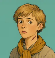 Illustrated portrait of John Henry Carter: about 9, shaggy straw-coloured, homespun smock with an ochre wool scarf