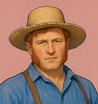 Illustrated portrait of Judson Parker: carroty red, thinning, blue chambray shirt with brown braces