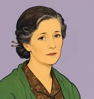 Illustrated portrait of Marilla: about 60, iron-grey, pulled into a tight knot, navy-blue print dress with a high plain collar