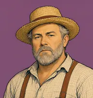 Illustrated portrait of Mr. Harrison: about 55, bald on top with a fringe of grey over the ears, mustard-yellow flannel shirt with braces
