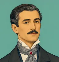 Illustrated portrait of Mr. Irving: about 38, dark brown with grey temples, swept back, charcoal coat with a silver-grey cravat