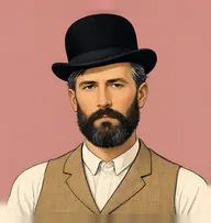 Illustrated portrait of Mr. Shearer: about 48, black streaked with grey, side-parted, tan checked waistcoat over a white shirt