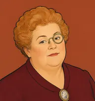 Illustrated portrait of Mrs. Andrews: about 50, faded ginger, frizzed and puffed, maroon wool dress with a cameo brooch