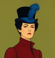 Illustrated portrait of Mrs. Donnell: about 40, jet-black, in a stiff pompadour, claret-red jacket with a high stiff collar