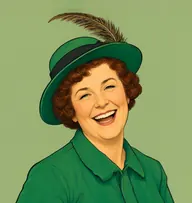 Illustrated portrait of Mrs. Harrison: chestnut-red, in short marcel waves, emerald-green travelling jacket
