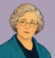 Illustrated portrait of Mrs. Peter Sloane: about 42, faded blond going grey, in short soft waves, teal-blue shawl over a dark dress