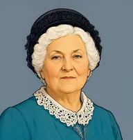 Illustrated portrait of Rachel Lynde: about 62, dark brown going grey, parted and smoothed flat, plum-purple dress with a white collar