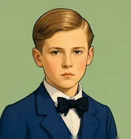 Illustrated portrait of St. Clair Donnell: about 9, sleek light-brown, slicked with a side parting, navy jacket with a starched white collar