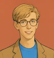 Illustrated portrait of Albert Campion: about 26, straw-fair hair flopping over his eyes, a sky-blue pullover under a fawn jacket