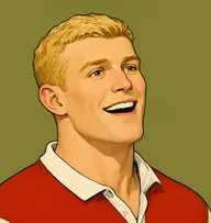 Illustrated portrait of Chris Kennedy: about 22, thick blond hair, cropped short, a scarlet-and-white rugby jersey