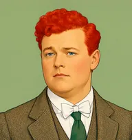 Illustrated portrait of George Abbershaw: about 34, bright-red curly hair, neatly kept, a tidy tweed jacket with a bottle-green tie