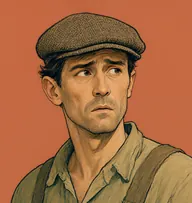 Illustrated portrait of Haywhistle: about 45, greasy dark hair under cap, grease-stained overalls in faded olive