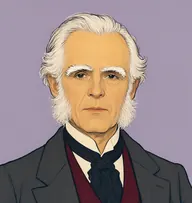 Illustrated portrait of Jesse Gideon: about 62, long wispy white hair brushed back from the forehead, a charcoal frock coat with a wine-red waistcoat