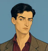 Illustrated portrait of Martin Watt: about 24, sleek black hair, slightly untidy, a burgundy open-necked shirt and tweed jacket
