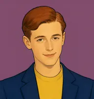 Illustrated portrait of Michael Prenderby: about 25, auburn hair neatly parted at the side, a navy blazer with a canary-yellow pullover