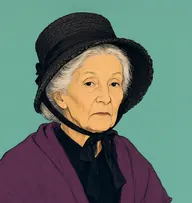 Illustrated portrait of Mrs Meade: about 72, thin white hair pulled in a bun, a plum wool shawl over a black dress