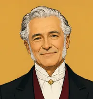 Illustrated portrait of Alphonse Frankenstein: about 62, silver, swept back from a high forehead, a claret-red waistcoat under a black frock coat