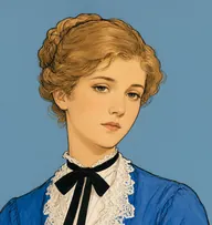 Illustrated portrait of Elizabeth Lavenza: about 20, light golden-brown, braided and pinned up in a soft coil, a sapphire-blue silk gown with a white lace fichu