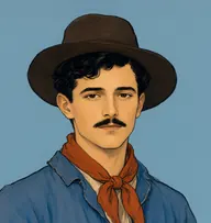 Illustrated portrait of Felix: about 25, jet-black, short and wavy, a faded indigo peasant jacket with a rust-orange neckerchief