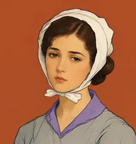 Illustrated portrait of Justine: about 22, dark chestnut, parted and pinned in a plain bun, a dove-grey servant's dress with a lavender kerchief