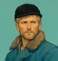 Illustrated portrait of Robert Walton: about 35, sandy-blond, windblown and cropped short, a teal-blue naval-style jacket with a fur collar
