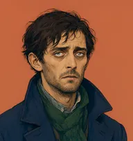 Illustrated portrait of Victor Frankenstein: about 30, unkempt dark brown, damp and tangled, a travel-worn navy greatcoat with a forest-green muffler
