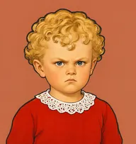 Illustrated portrait of William: about 5, curly golden-blond, a bright scarlet tunic with a white lace collar