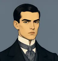 Illustrated portrait of Alan Campbell: about 32, coal-black, close-cropped, severe, a black frock coat with a stiff white collar and steel-grey cravat pin