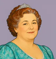 Illustrated portrait of Duchess of Harley: about 52, auburn going grey, curled up, a turquoise brocade gown