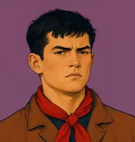 Illustrated portrait of Jim Vane: about 18, black, cropped short and unruly, a rust-brown rough jacket with a red neckerchief