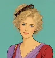 Illustrated portrait of Lady Henry: about 35, faded straw-blond, wispy, frizzed up, a clashing lilac-and-crimson gown