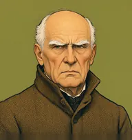 Illustrated portrait of Lord Fermor: about 70, bald crown with thin white fringe, a tobacco-brown tweed coat with high wing collar