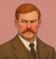 Illustrated portrait of Sir Geoffrey: about 45, sandy-red, short, a rust-brown tweed Norfolk shooting jacket