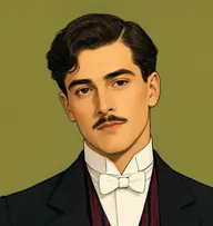 Illustrated portrait of Victor: about 28, dark brown, neatly oiled, centre-parted, a striped waistcoat in wine-red and black tailcoat